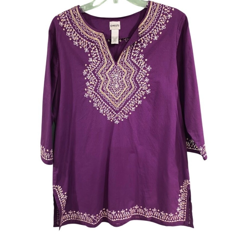Chico's Purple‎ Embroidered Sequin Cotton Tunic Women Size 2 (12) Boho 3/4 Slv